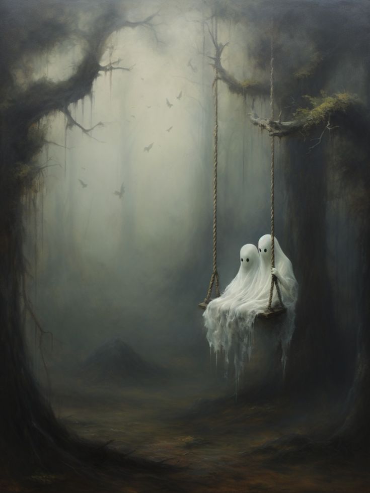 An oil painting of two ghosts on a swing. Images Terrifiantes, Halloween Artwork, Printables Free, Halloween Painting, Beautiful Dark Art, Scary Art, Creepy Art, Vintage Oil Painting, Halloween Pictures