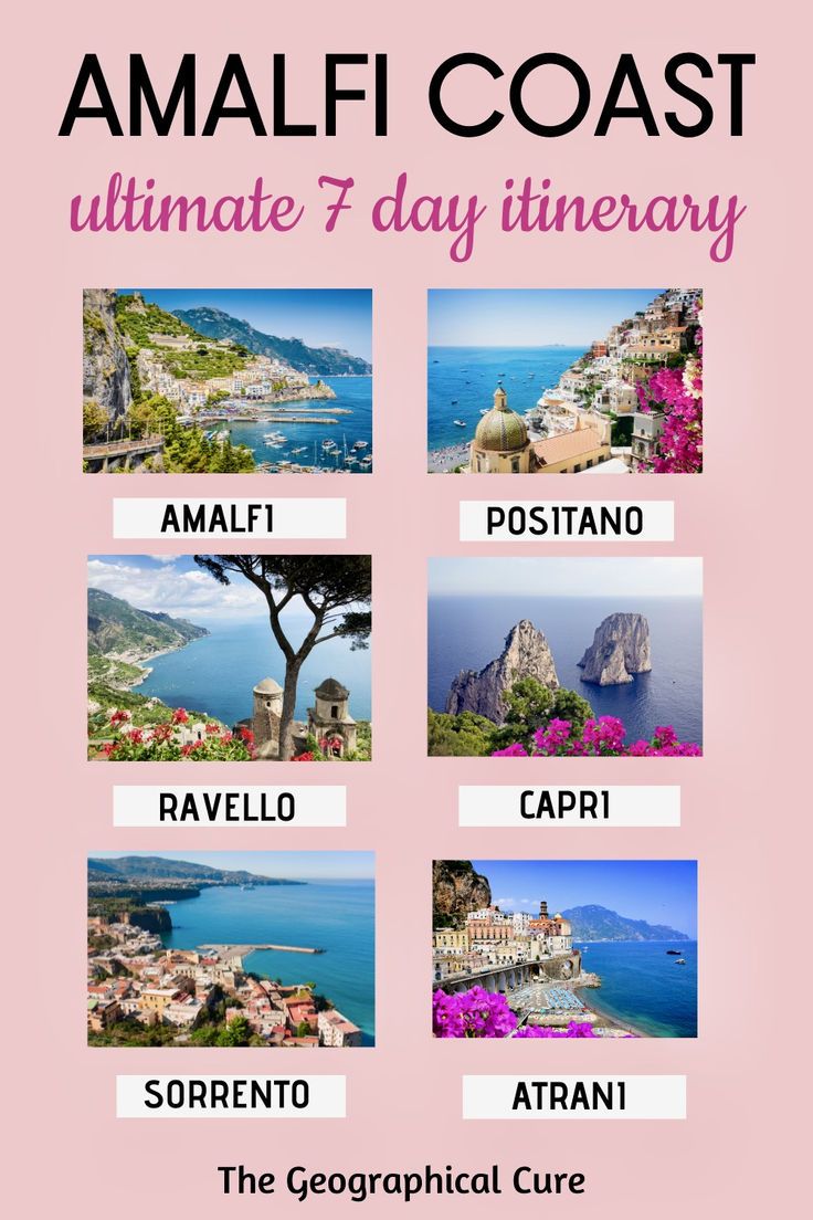 Pinterest pin for one week in Amalfi Almafi Coast Italy, Amalfi Coast Travel Guide, Amalfi Coast Itinerary, Italy Trip Planning, Island Of Capri, Amalfi Coast Travel, Italy Honeymoon, Holiday Travel Destinations, Europe Holidays