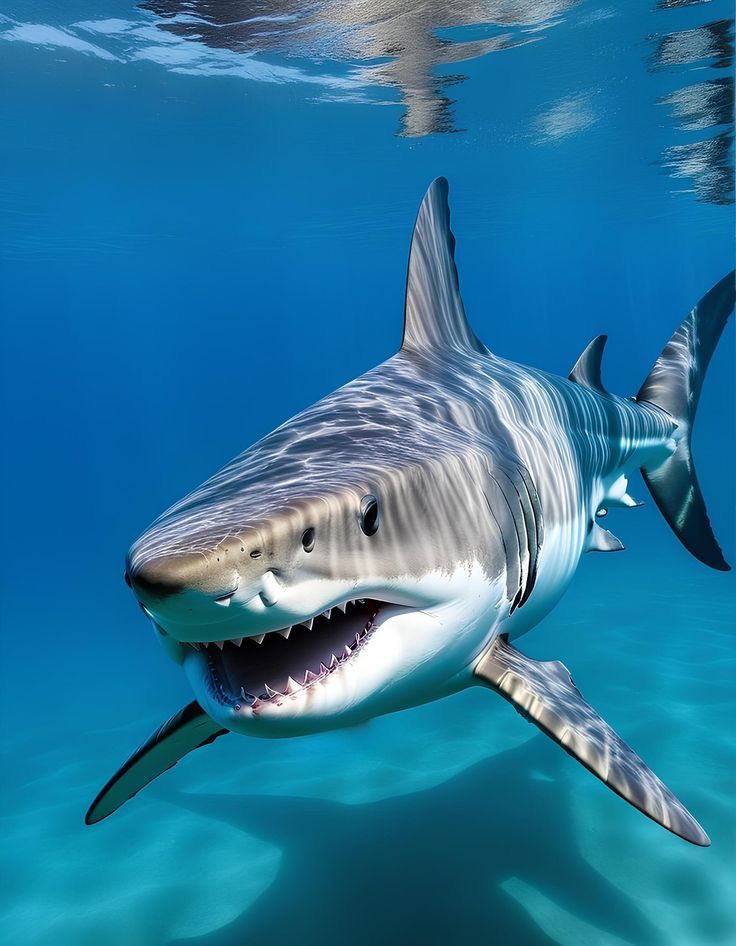 a great white shark swimming in the ocean