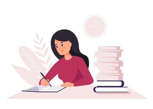 a woman sitting at a desk with stacks of books and a pen in her hand