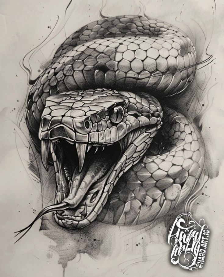 a black and white drawing of a snake with its mouth open, it's tongue out