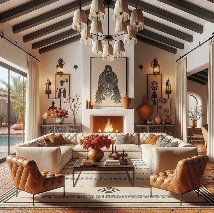 a living room filled with furniture and a fire place in the middle of an open floor plan