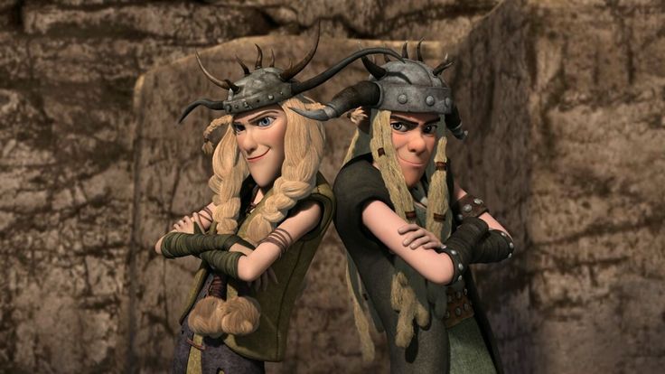 two animated characters standing next to each other in front of a stone wall with horns on their heads