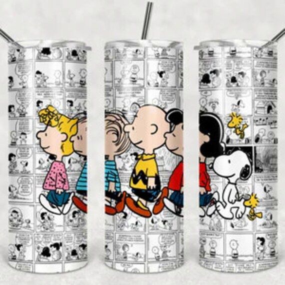 three cartoon characters are depicted on the side of this tumbler