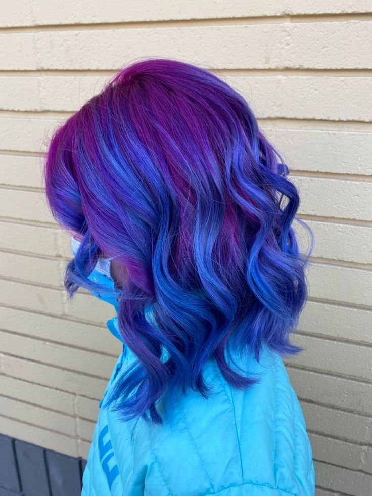 Ombre Hair Purple And Blue, Blue Based Purple Hair, Bright Blue And Purple Hair, Electric Blue And Purple Hair, Purple Into Blue Hair, Purple And Blue Hair Ombre, Vivid Colour Hair, Blue And Purple Ombre Hair Short, Hair Color Ideas Purple And Blue