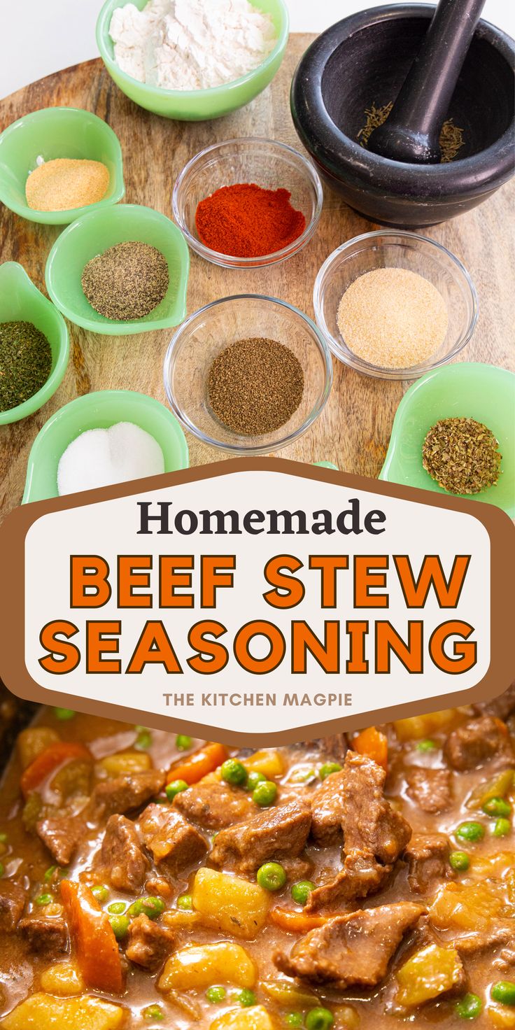 homemade beef stew with seasoning in bowls on a cutting board next to other ingredients