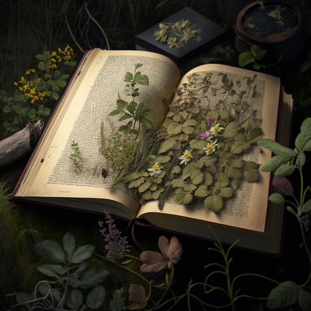 an open book sitting on top of a lush green field next to flowers and plants