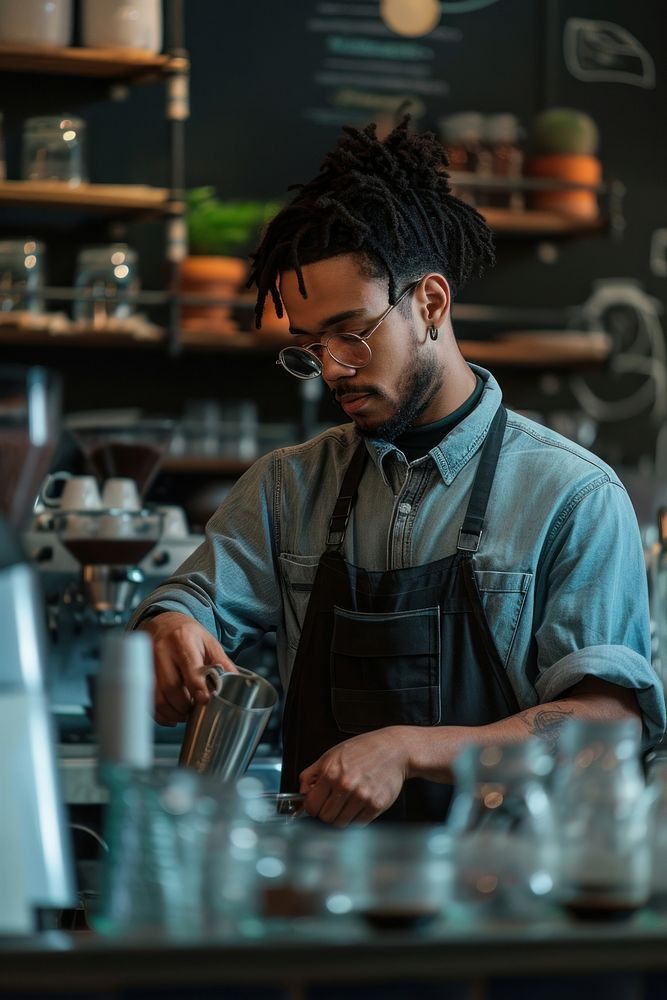 a man with glasses is making something in a coffee shop