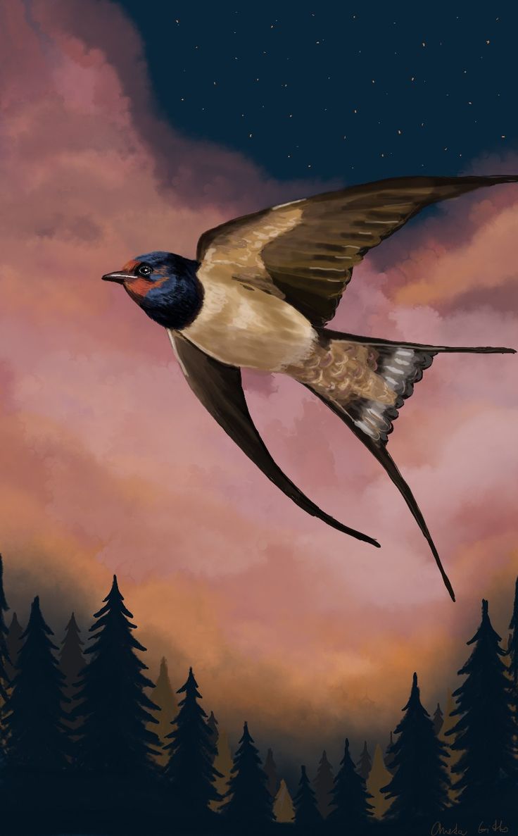 a painting of a bird flying in the air with trees and clouds behind it at night