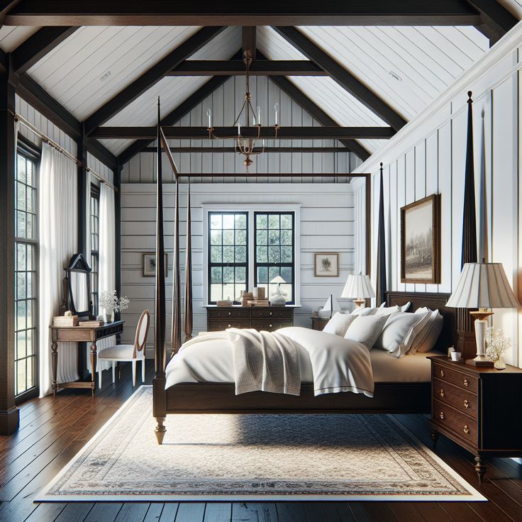 Include a large, dark wood poster bed with white linens in the center and a pair of wooden nightstands on either side, each with a classic table lamp. Include a dressing table with a wooden frame mirror and a comfortable chair. The floor should be wide-planked hardwood and topped with a colonial-style patterned rug. Include a roaring fireplace with a carved mantel. The overall feel should be cozy yet elegant, serving as inspiration for a bedroom remodel. Rustic Bedroom Design, Rustic Retreat, Bedroom Retreat, Rustic Bedroom, Rustic Elegance, Country Living, Love A, Bedroom Design, Bedroom