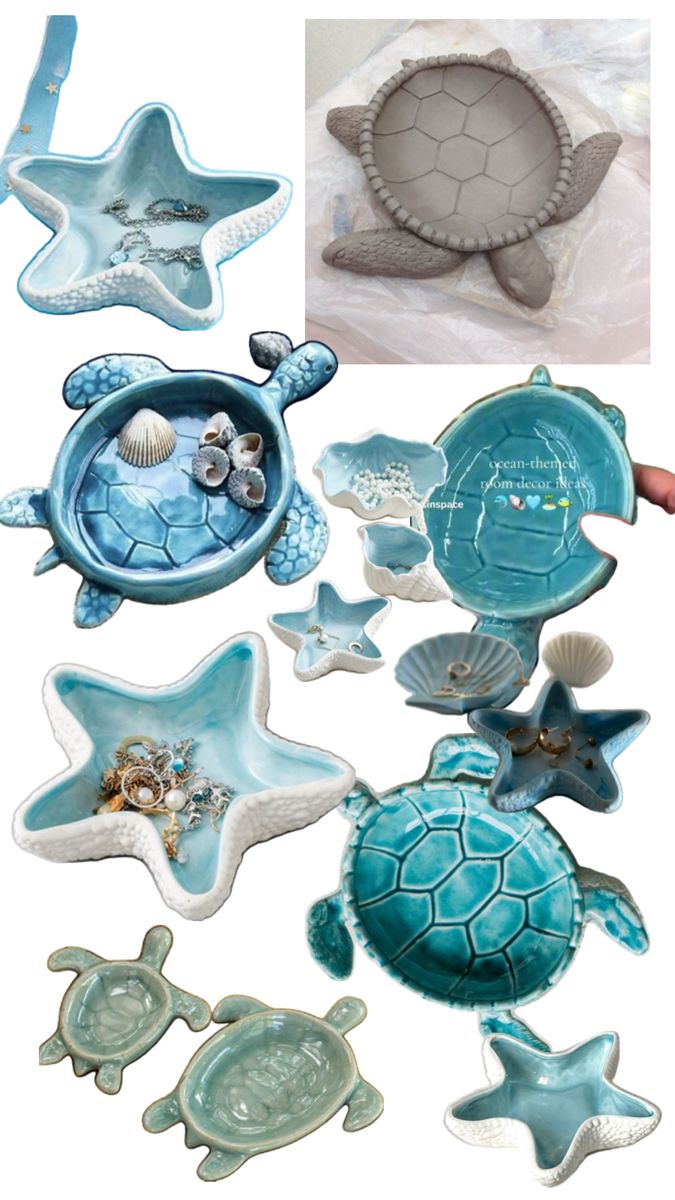 sea turtle and starfish cookie cutters are shown in various shapes, sizes and colors