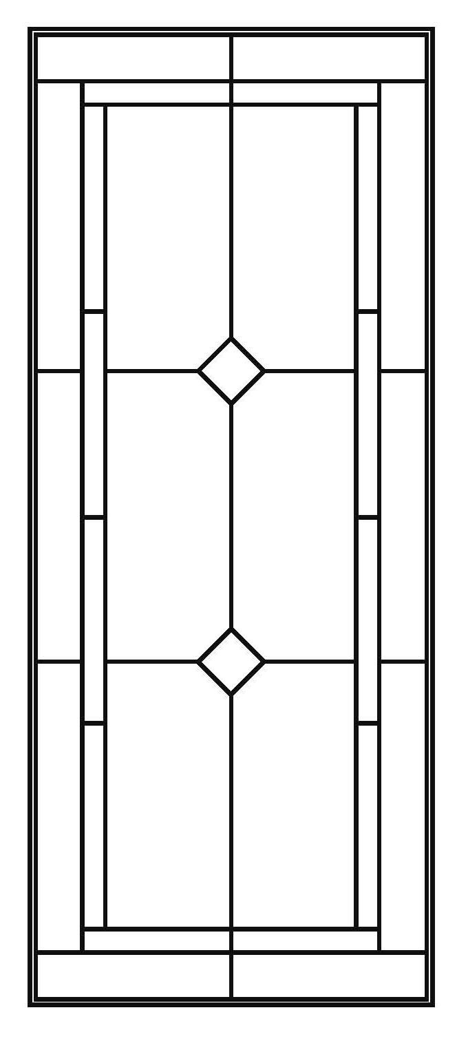 an image of a glass door with geometric designs on the front and side panels, in black and white