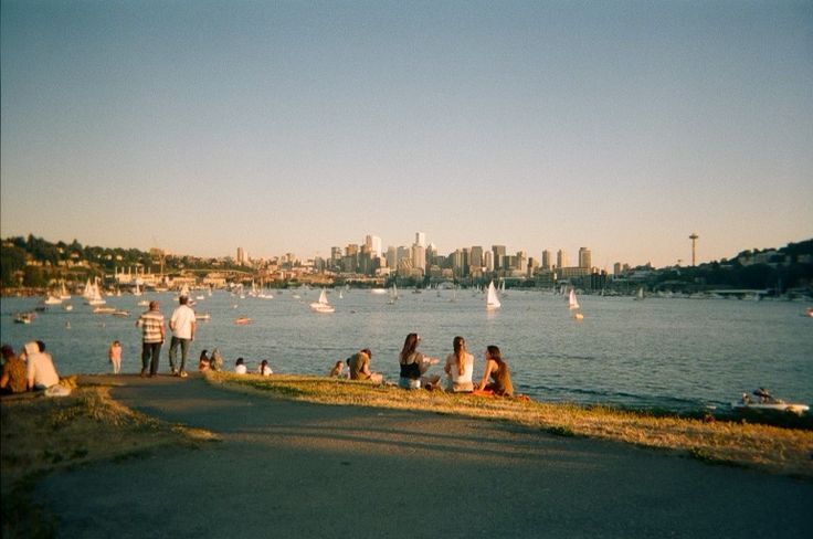 people are sitting on the grass near the water and sailboats in the bay behind them