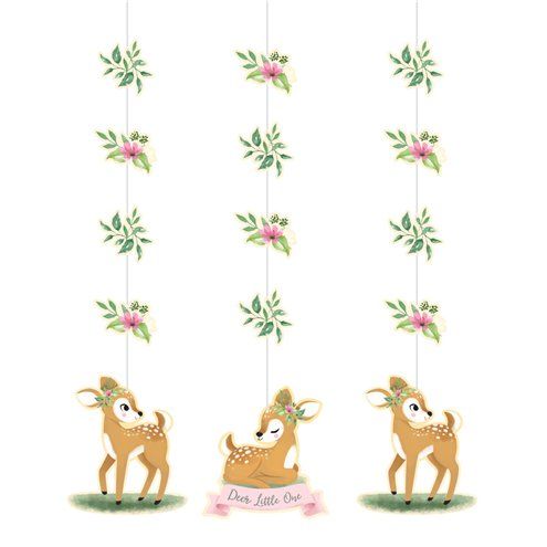 three deer mobiles hanging from strings with flowers on them, one is pink and the other is green