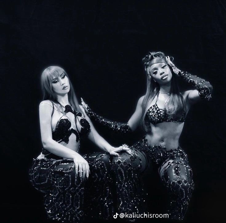 two women dressed in belly - baring outfits posing for a black and white photo