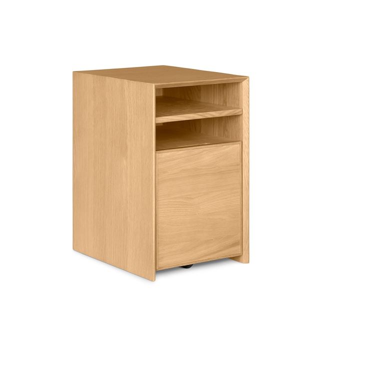 a wooden cabinet with one drawer on the bottom and an open shelf above it, against a white background