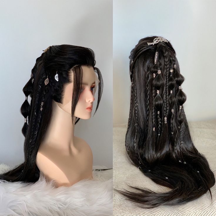 MADE TO OrDER 30-45 days production time. Elven inspired Lacefront wig with widows peak and forehead corners, more shape to the hairline versus traditional rounded lacefronts.  Excellent wig for anything fantasy related! Made from high quality synthetic fibers Hair length is around 90cm Silver beads Extremely natural hairline see photos Wig Comb and Wig caps included 150% hair density SIZE Leaning towards a large size, may be too big for a head smaller than 52cm (20.5''), please add this into co Hair Wigs Fnatasy, The Virgin Hair Fantasy Wigs, Widow's Peak Wig, Fantasy Wig, Lacefront Wig, Widows Peak, Fantasy Realm, Widow's Peak, Fantasy Hair