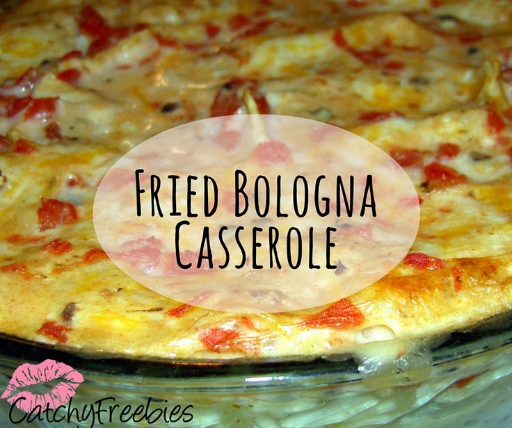 a pizza sitting on top of a pan covered in cheese and toppings with the words fried bologna casserole