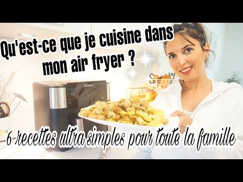 a woman holding a plate of food in front of her face with the words, quece - ce que je cuisine dans mon air fryer?