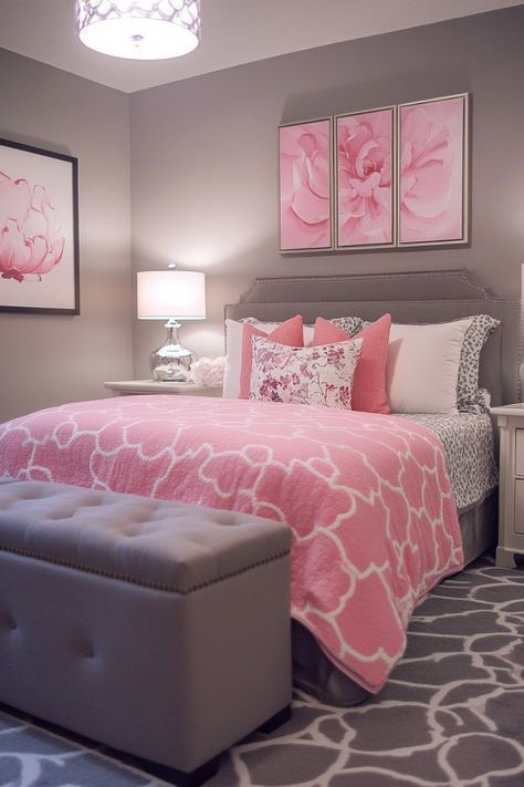 a bedroom decorated in pink and gray with pictures on the wall