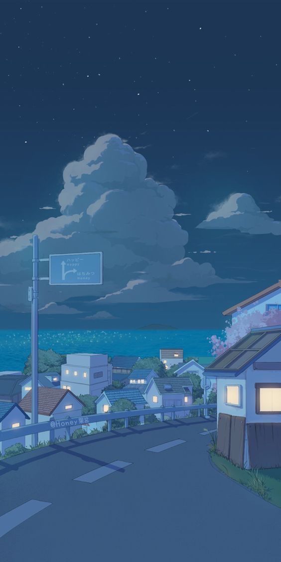 an anime scene with houses and clouds in the sky at night, one person is walking down the street