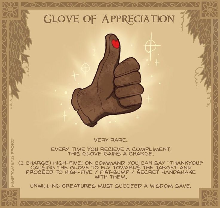 a hand giving the thumbs up sign in front of an ornate frame that says glove of appreciation