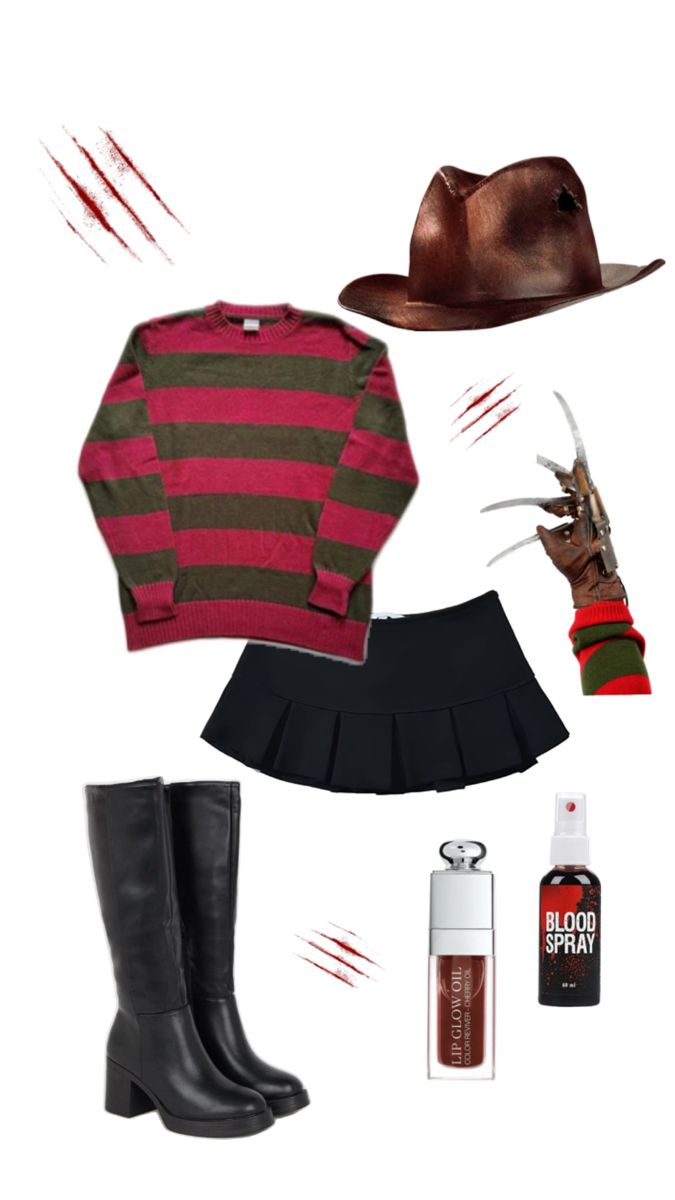 a woman's outfit and accessories including boots, hat, sweater, lipstick, gloves