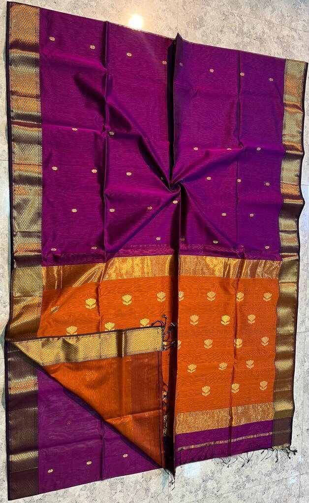 *It's a beautiful  Maheshwari Handwoven Lotus Buta Saree. *100% Handloom : comes with India Handloom Mark *Washing Method : Dry Clean Recommended *Weave Type: Maheshwari *Material: Half Silk & Half Cotton *Length: Saree: 5.5 metres *Blouse Piece: 0.80 metres *Width : 46 Inches* Please note - color may be vary a little due to sunlight and photography . Please message us after purchasing in case you want fall and Pico done it not . No extra charges for fall and Pico but inform us . Blouse stitchin Purple Cotton Silk Handloom Saree, Purple Unstitched Cotton Silk Saree, Purple Handloom Tussar Silk Saree, Handmade Saree, Lotus Motif, Luxury Purple Cotton Silk Pre-draped Saree, Purple Handloom Katan Silk Pre-draped Saree, Blouse Stitching, Saree Silk