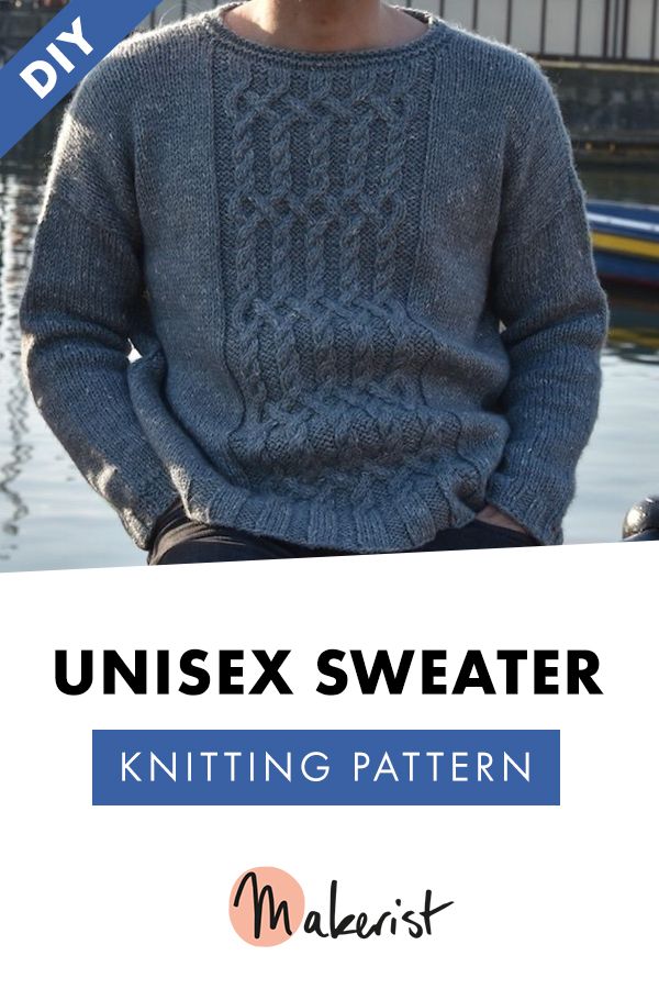 a man wearing a knitted sweater with text overlay that reads, unisex sweater knitting pattern