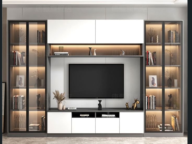 an entertainment center with shelves and a flat screen tv