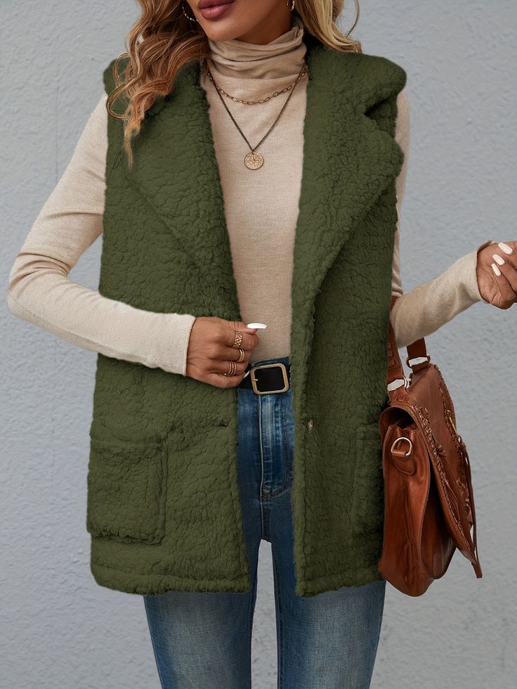 Green Vest Outerwear For Fall, Sleeveless Solid Outerwear With Pockets, Casual Green Vest Outerwear, Fall Sleeveless Sweater Vest With Pockets, Sleeveless Green Outerwear For Fall, Green Vest Outerwear For Layering, Solid Color Fall Vest With Pockets, Green Layering Vest Outerwear, Sleeveless Fall Outerwear