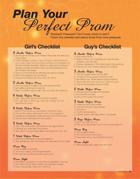 an orange and yellow menu with the words plan your perfect prom written in black on it