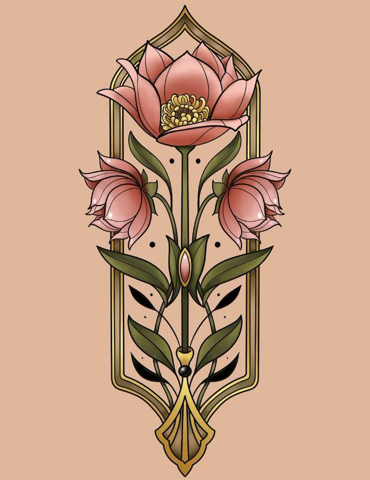 an art nouveau design with pink flowers and green leaves on a beige background by corbe