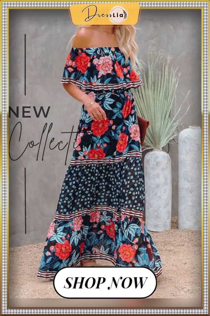 Elegant Flower Print Boho Party Dresses Women New Spring Sexy Off Shoulder Maxi Beach Dress Summer Lace-up Ruffle Hem Long Dress Red Floral Print Off-shoulder Maxi Dress, Red Off-shoulder Maxi Dress With Floral Print, Off-shoulder Chiffon Maxi Dress For The Beach, Off-shoulder Floral Maxi Dress For Beach Season, Off-shoulder Chiffon Maxi Dress For Vacation, Chiffon Off-shoulder Maxi Dress For Vacation, Black Floral Print Maxi Dress For Beach Season, Black Floral Maxi Dress For Beach Season, Beach Season Floral Print Off-shoulder Dress