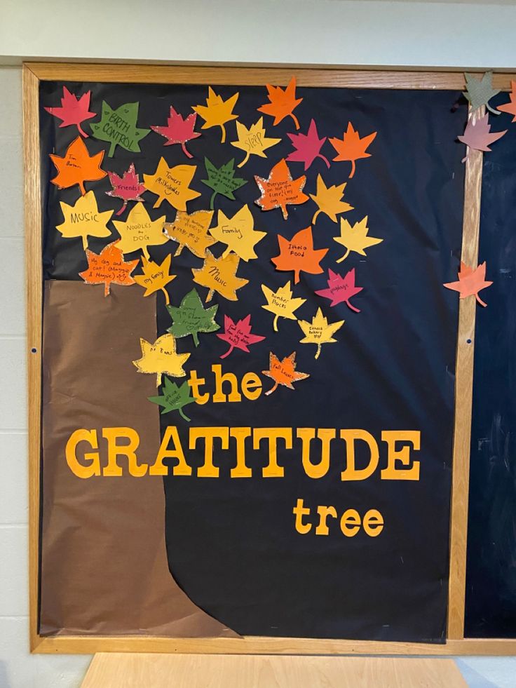 a bulletin board with leaves on it and the words the gratitude tree