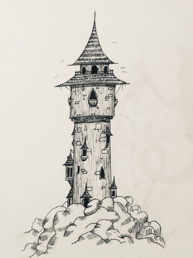 a drawing of a tower on top of some clouds