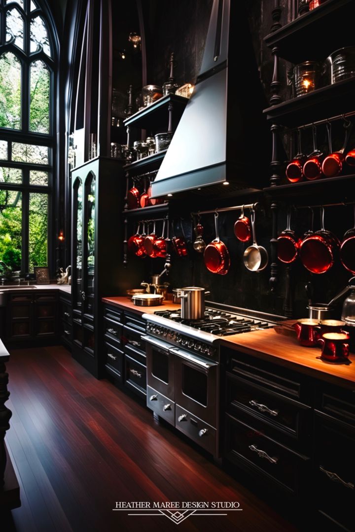 a kitchen with lots of pots and pans on the wall next to an oven