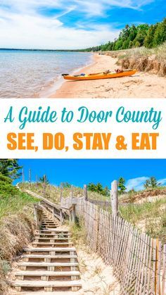 steps leading to the beach with text overlay that reads a guide to door county see, do, stay & eat