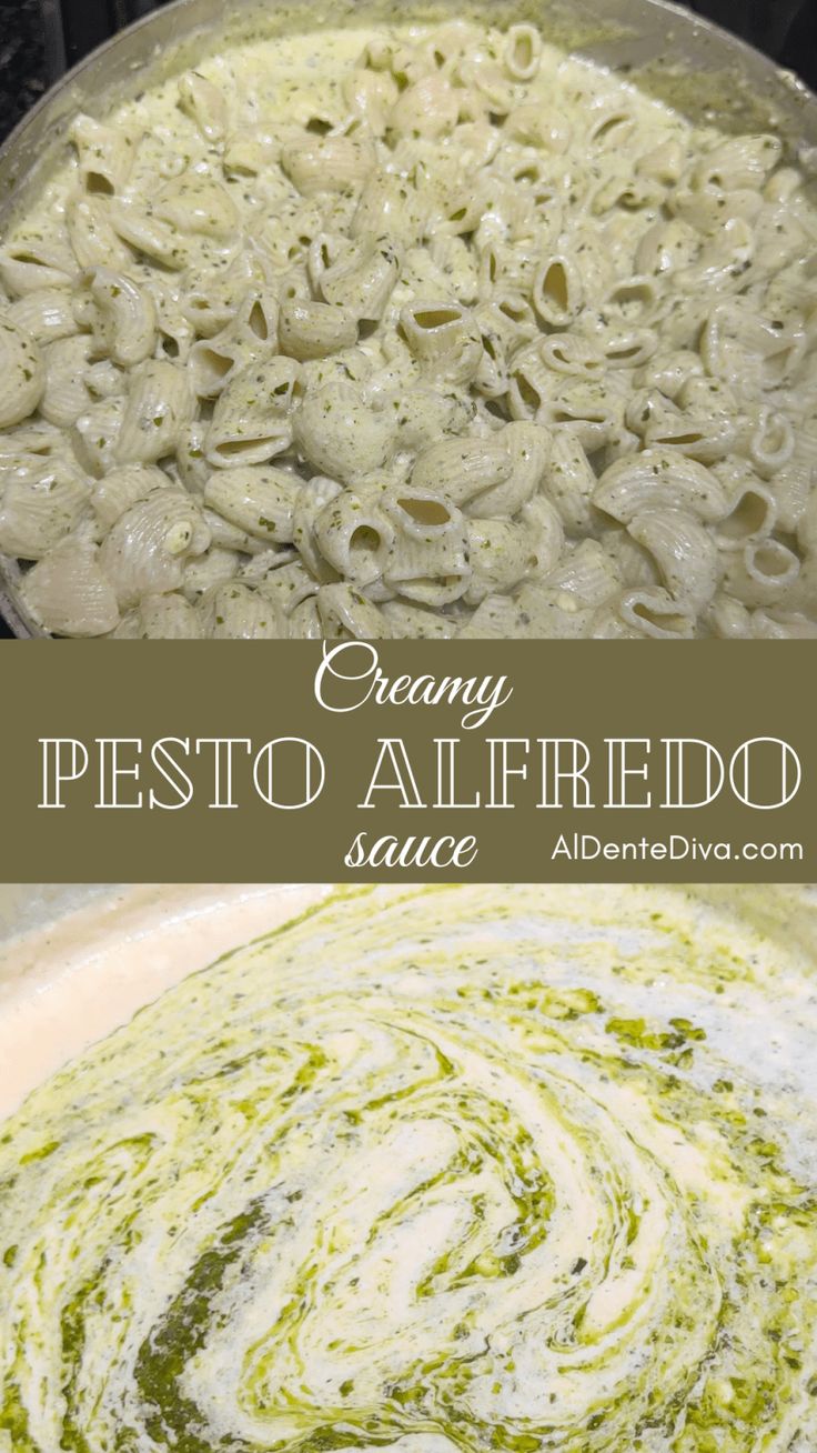 creamy pesto alfredo sauce in a skillet on the stove with text overlay