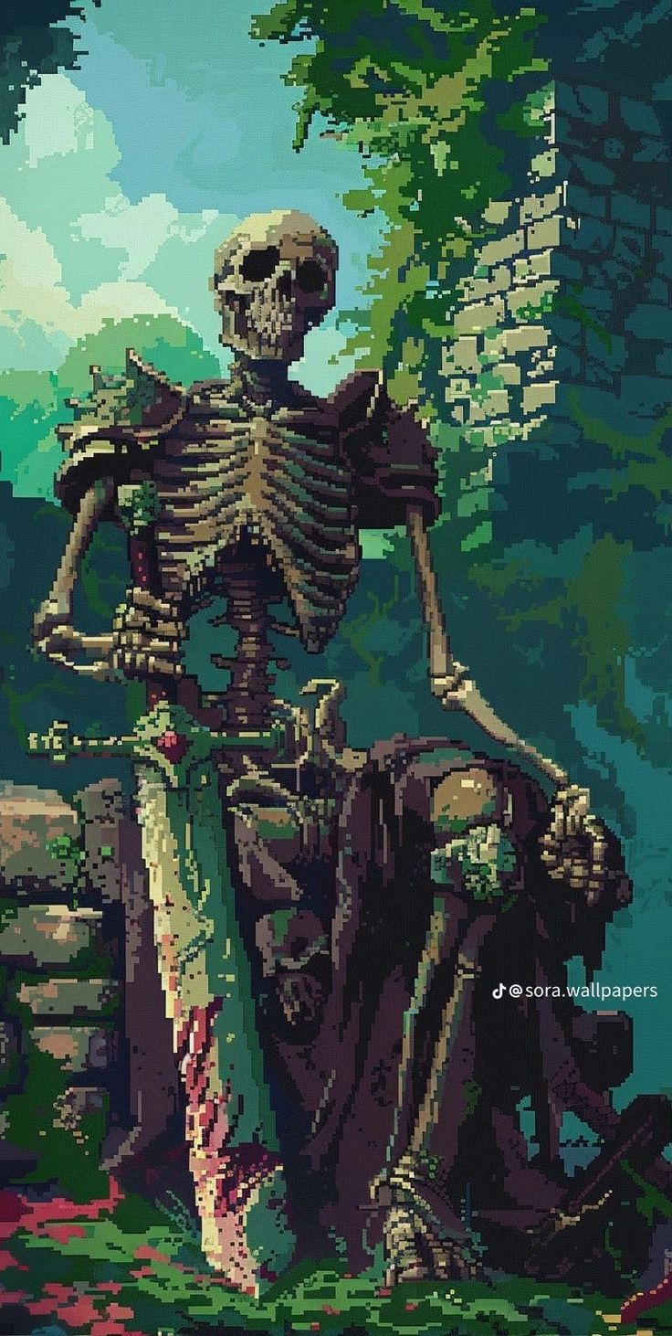 a pixellated image of a skeleton sitting on a bench