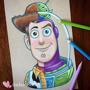 a drawing of buzz lightyear from toy story with colored pencils next to it