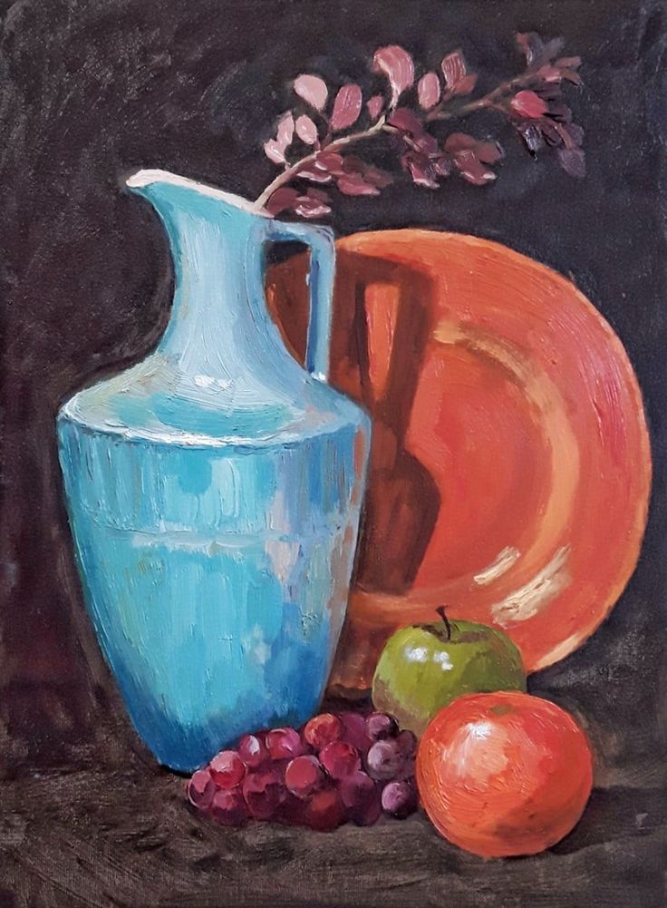 a painting of a blue vase, plate and fruit on a brown tablecloth with a black background