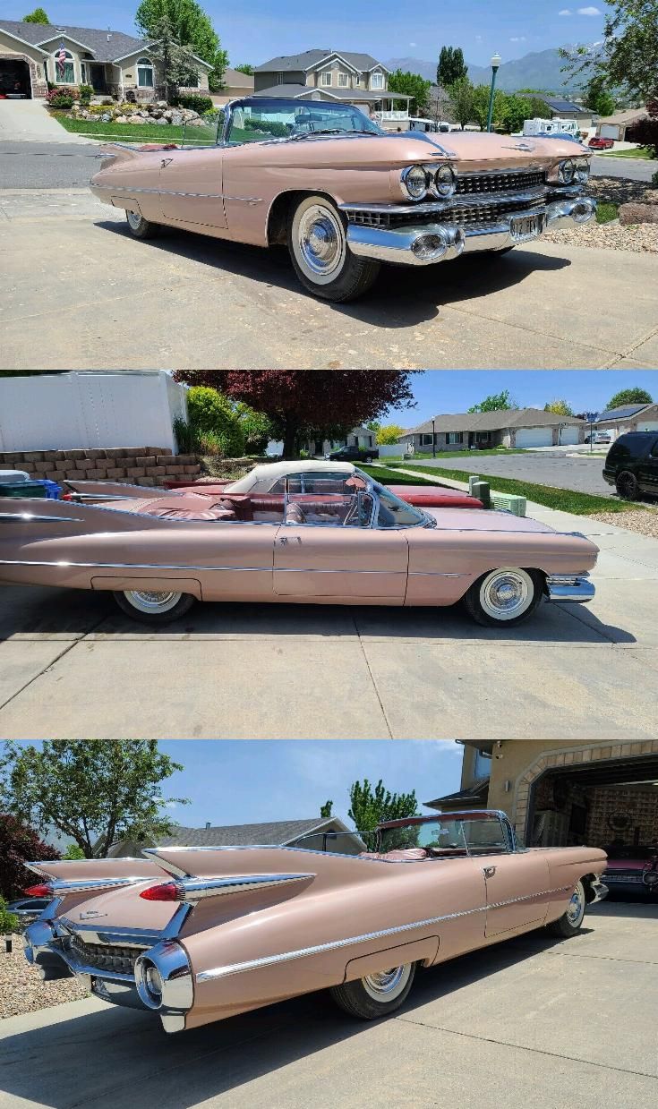 three different pictures of an old pink car