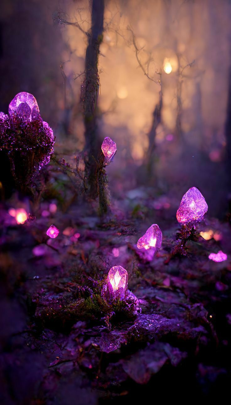 some purple lights in the middle of a forest