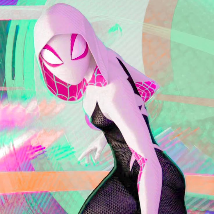 a woman in a black dress and pink spider - man mask is standing with her hands on her hips