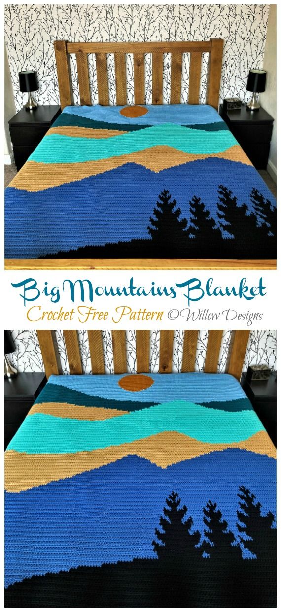 the crochet mountain blanket is made with two different colors and features pine trees