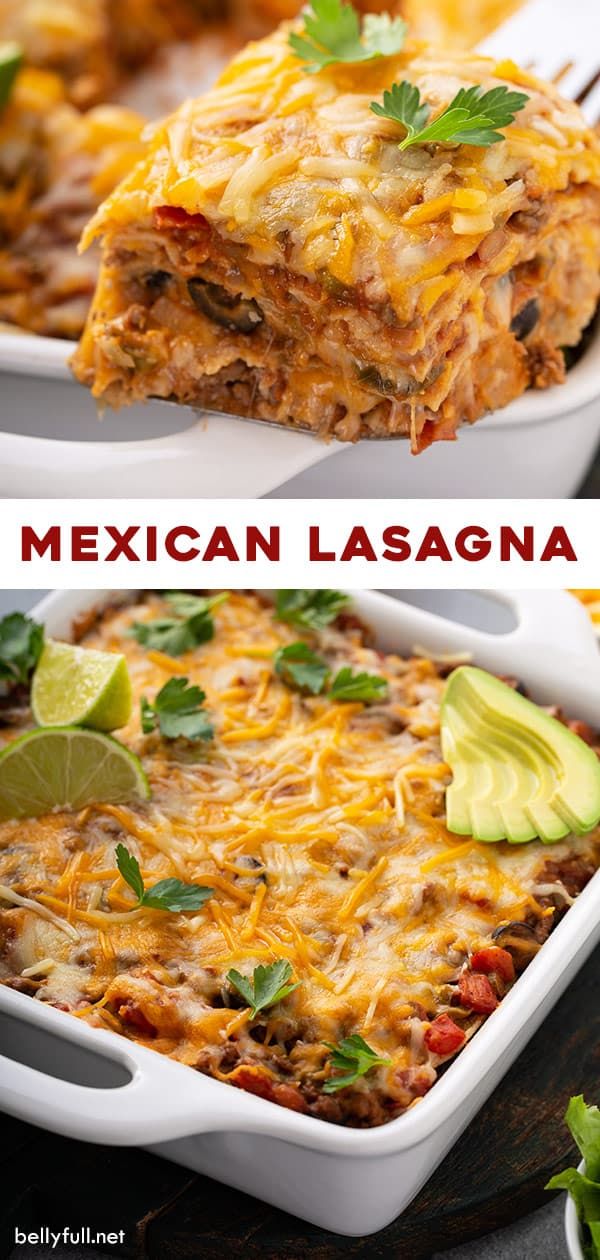 mexican lasagna casserole in a white dish with avocado and cilantro