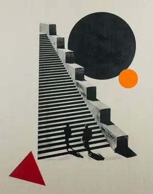 a person standing at the top of stairs with an orange ball above them and another man walking up it