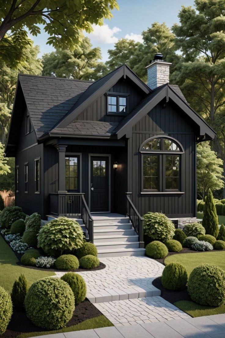 a black house with lots of bushes and trees in front of the entrance to it