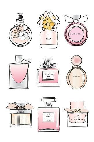 size: 18x12in Art Print: Perfume Set by Martina Pavlova : Perfume Vintage, Perfume Art, Bottle Drawing, Chanel Perfume, Perfume Set, Watercolor Flowers Paintings, Luxury Perfume, Miss Dior, Watercolor Flower